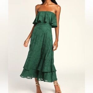 Love You So Truly Dark Green Burnout Floral Strapless Midi Dress